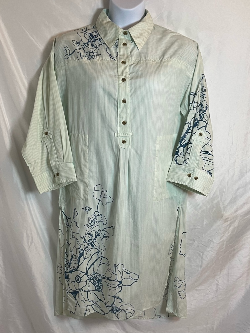 Anthropologie Postmark Mint Striped Floral Popover Shirt Dress Pockets LP XLP